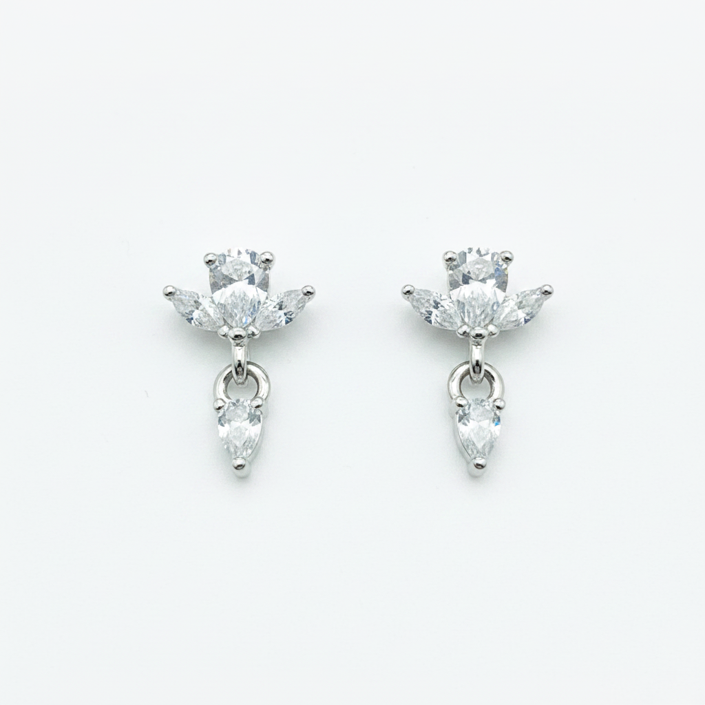 92.5 Sterling Silver Round & Dual Marquise White CZ Lotus Top with Pear White CZ Drop Earrings for Women
