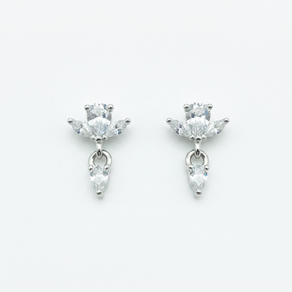 92.5 Sterling Silver Round & Dual Marquise White CZ Lotus Top with Pear White CZ Drop Earrings for Women