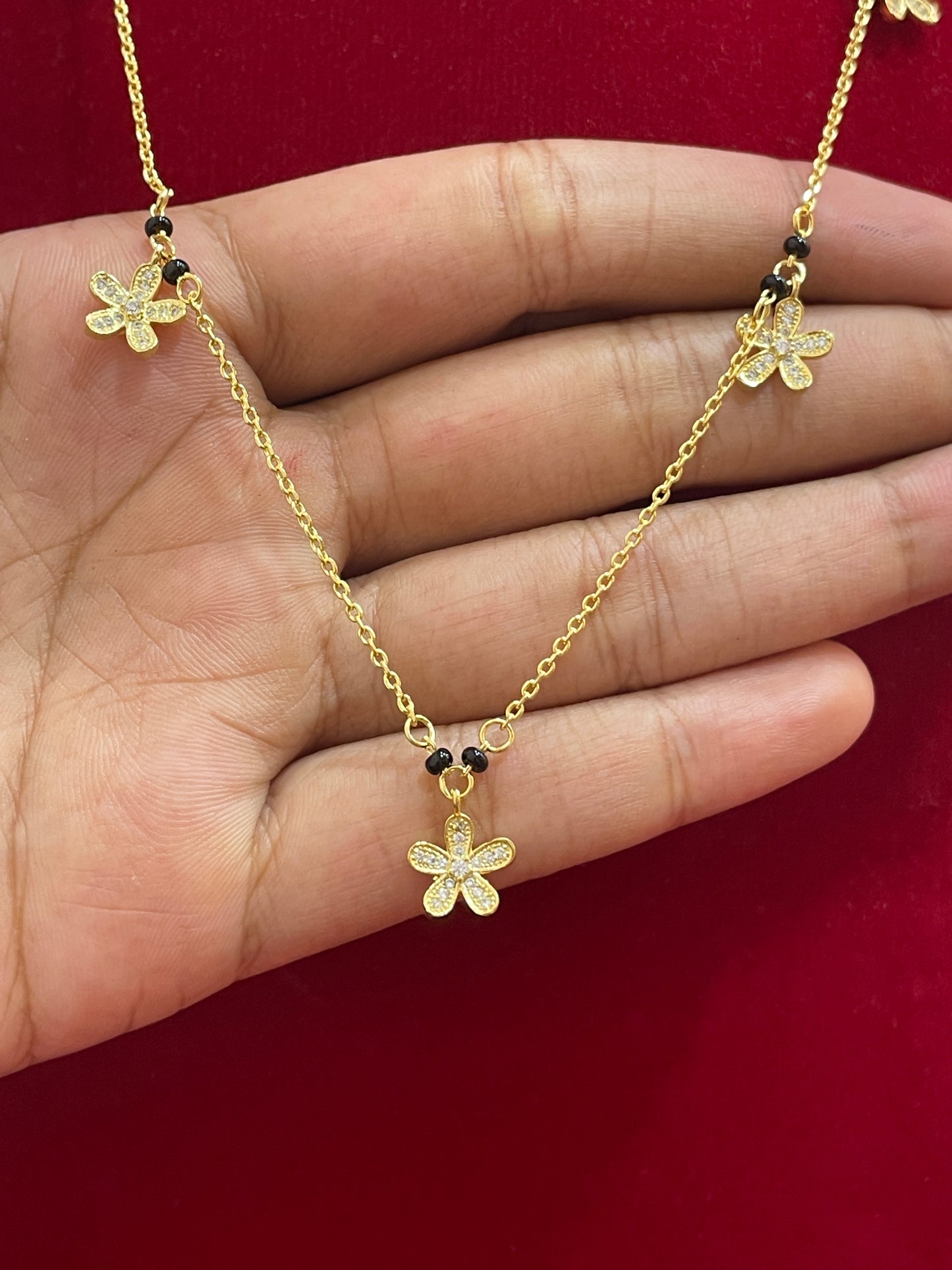 92.5 Silver Gold Plated Flower Charm Black Bead Chain for Women 19.5 Inches | Stylish Floral Design | Elegant Jewellery