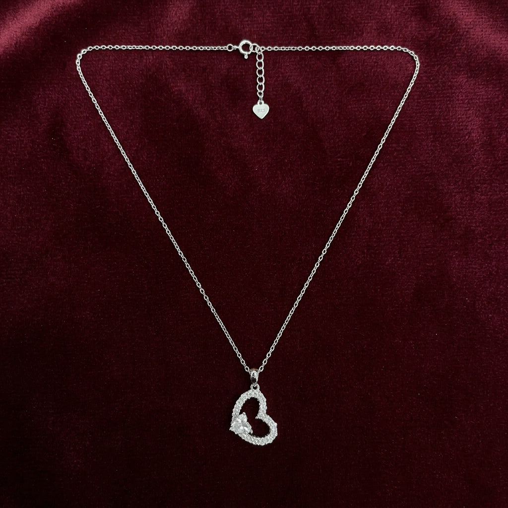 92.5 Silver White CZ Heart Pendant Chain for Women