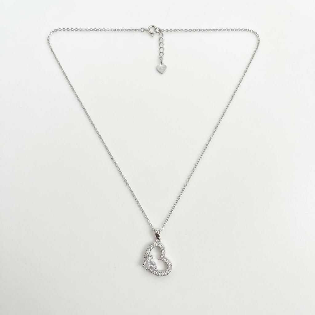92.5 Silver White CZ Heart Pendant Chain for Women