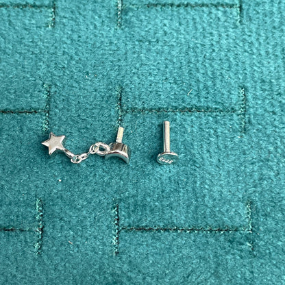 92.5 Sterling Silver Plain Crescent Moon Stud with Chain & Star Charm Drop Earrings for Women