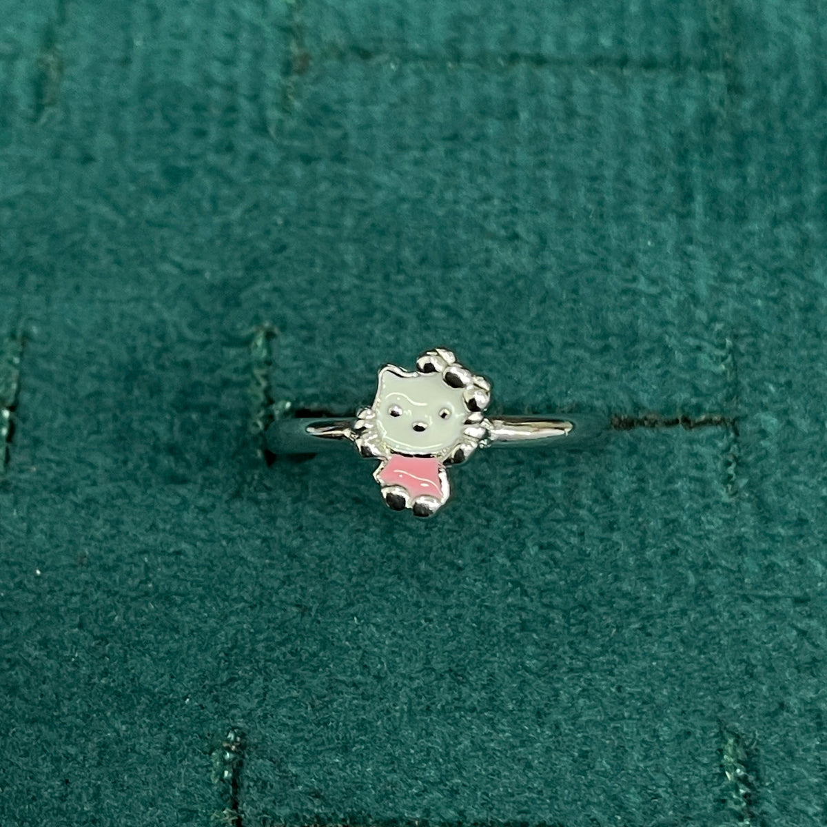 92.5 Sterling Silver White & Pink Enamel Kitty Cat Charm Kids Finger Ring — Size 4