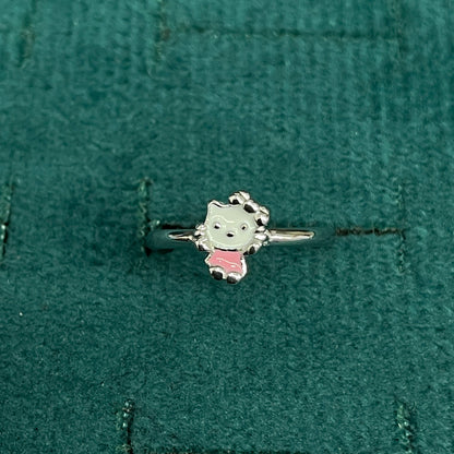 92.5 Sterling Silver White & Pink Enamel Kitty Cat Charm Kids Finger Ring — Size 4