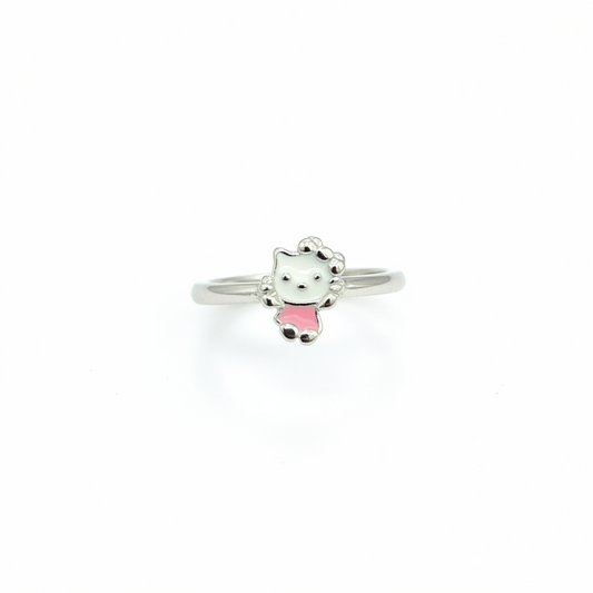 92.5 Sterling Silver White & Pink Enamel Kitty Cat Charm Kids Finger Ring — Size 4