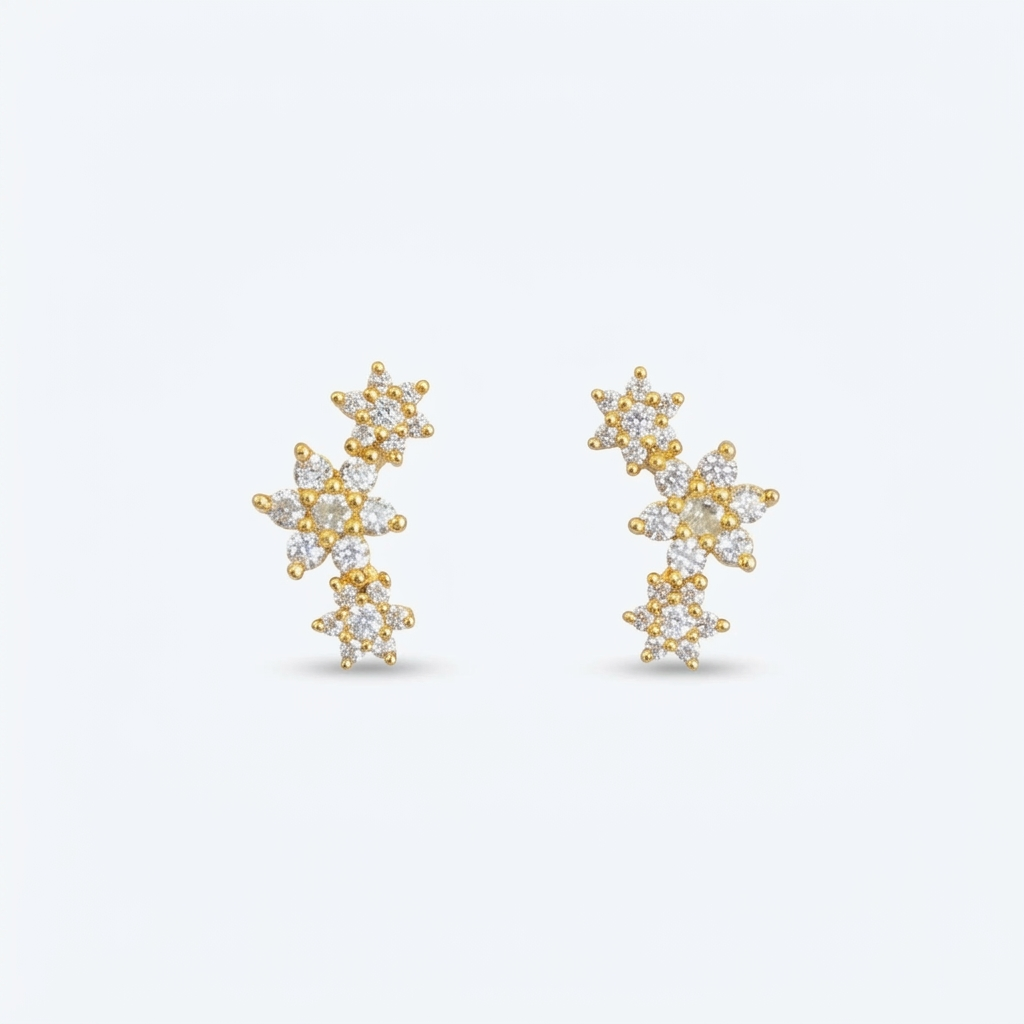 92.5 Silver Gold Plated Triple Flower Stud Earrings Pair