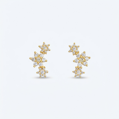 92.5 Silver Gold Plated Triple Flower Stud Earrings Pair