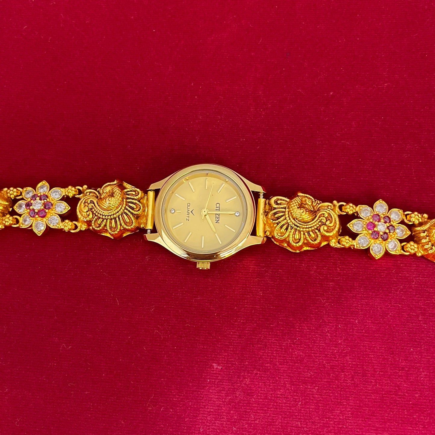 92.5 silver Gold-Plated Temple Jewellery Bracelet Watch for Women | Citizen Quartz | Peacock & Ruby CZ Floral Strap