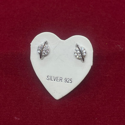 92.5 Sterling Silver Pavé CZ Leaf Stud Earrings for Women | Petite CZ Leaf with Silver Spine Second Studs
