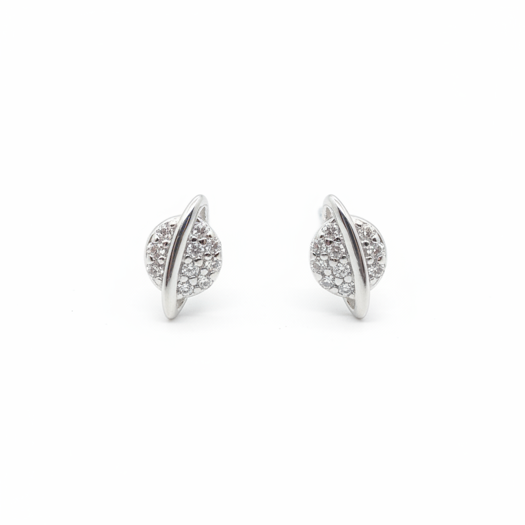 92.5 Sterling Silver Pavé CZ Leaf Stud Earrings for Women | Petite CZ Leaf with Silver Spine Second Studs