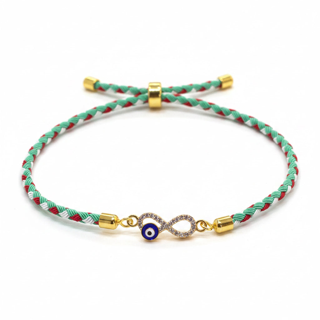 Gold Plated CZ Infinity Evil Eye Bracelet for Women | Multicolour Braided Thread