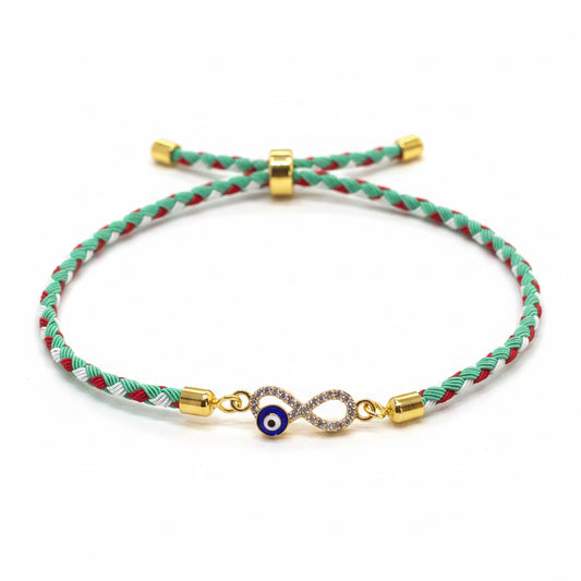 Gold Plated CZ Infinity Evil Eye Bracelet for Women | Multicolour Braided Thread
