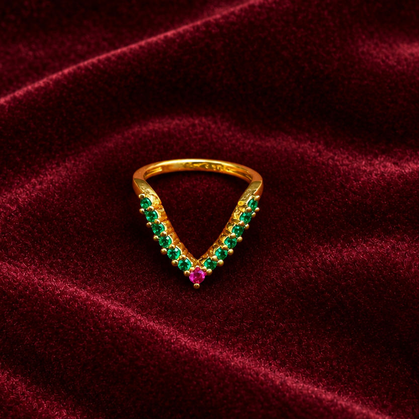 92.5 Silver Gold Plated Green & Pink CZ Chevron Ring for Women