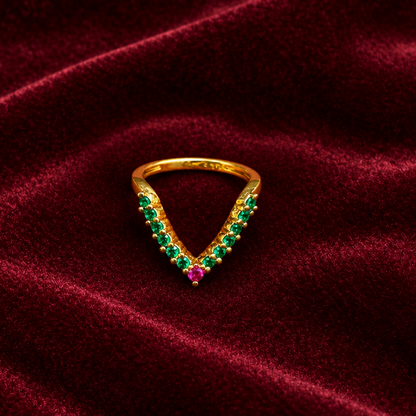 92.5 Silver Gold Plated Green & Pink CZ Chevron Ring for Women