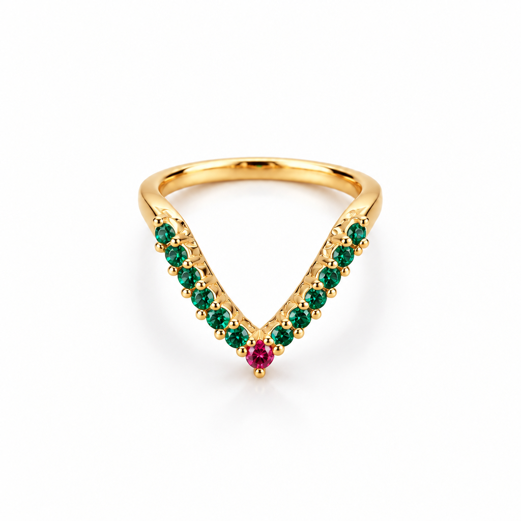 92.5 Silver Gold Plated Green & Pink CZ Chevron Ring for Women