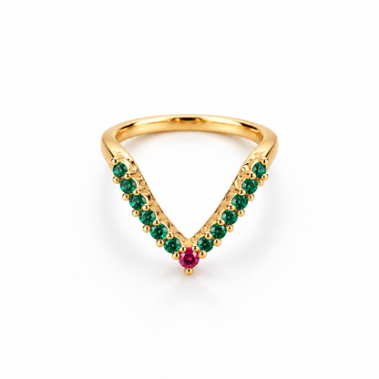 92.5 Silver Gold Plated Green & Pink CZ Chevron Ring for Women