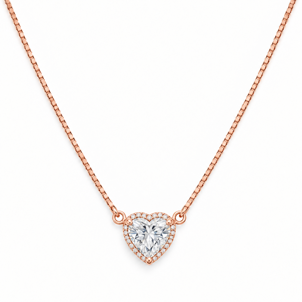 92.5 Silver Rose Gold Plated White CZ Heart Pendant Necklace for Women