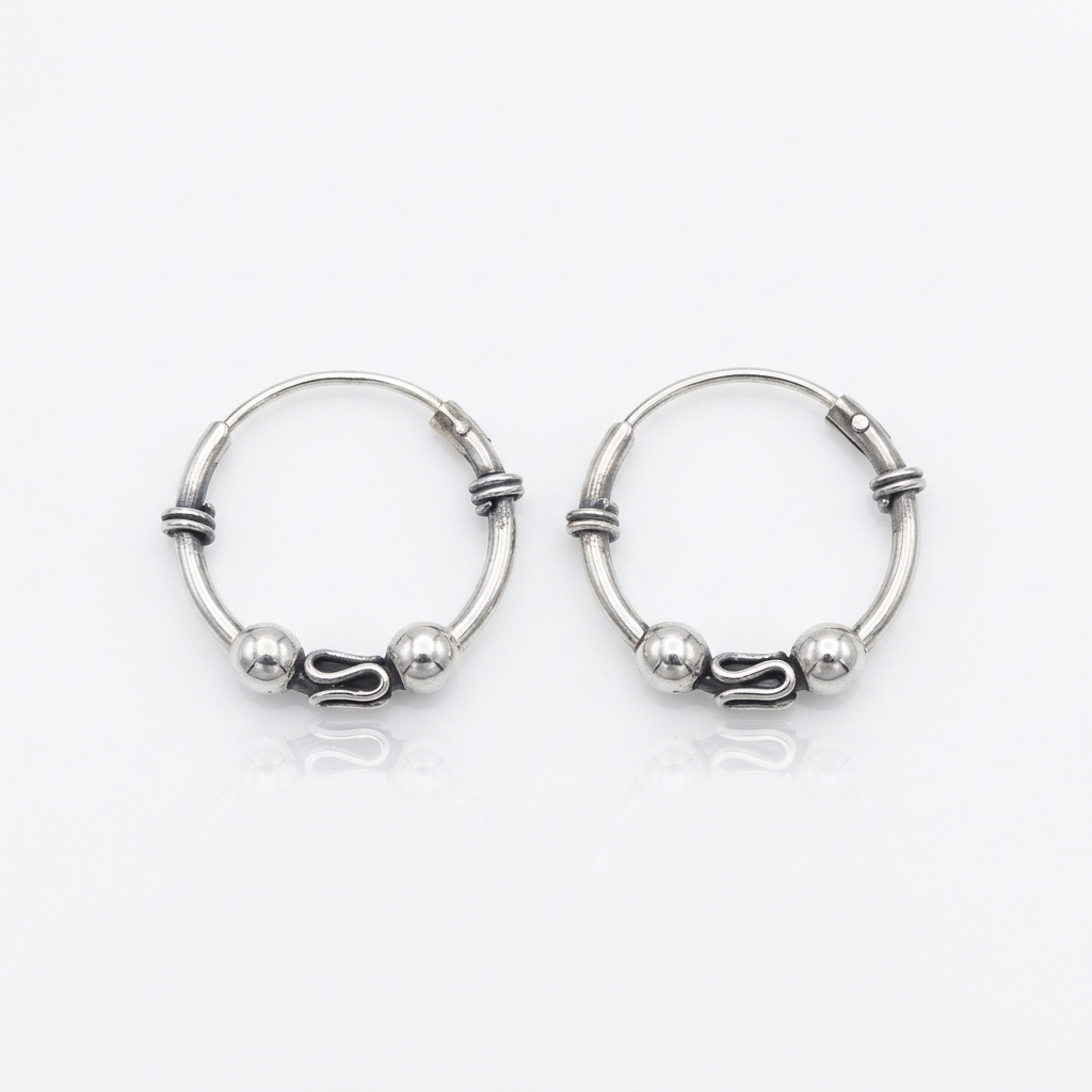 92.5 Silver Oxidised Bead & Scroll Hoop Earrings Pair
