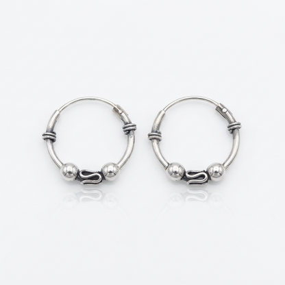 92.5 Silver Oxidised Bead & Scroll Hoop Earrings Pair