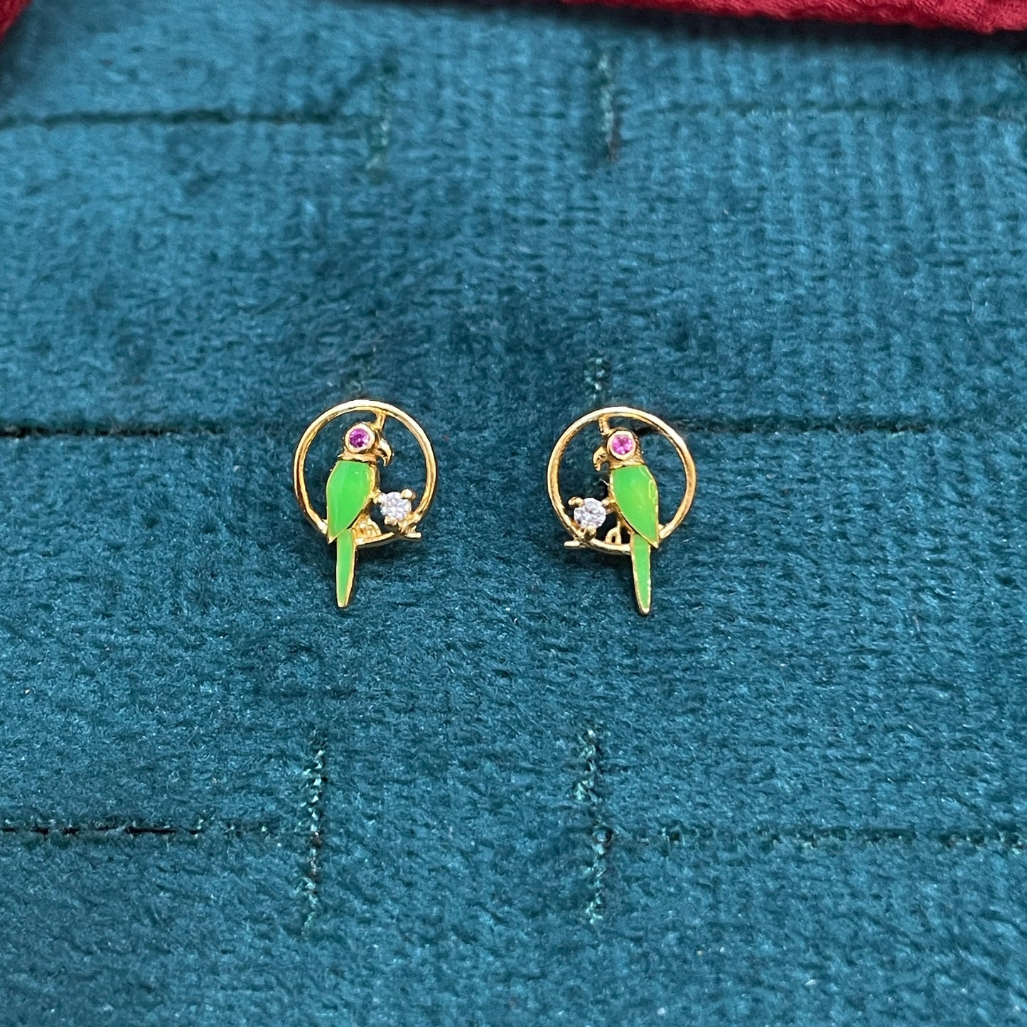 Gold Plated 92.5 Sterling Silver Green Enamel Parrot Stud Earrings for Women | CZ & Ruby Pink CZ Parrot in Circle Frame