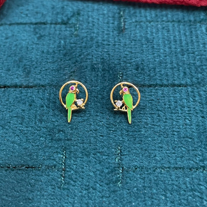 Gold Plated 92.5 Sterling Silver Green Enamel Parrot Stud Earrings for Women | CZ & Ruby Pink CZ Parrot in Circle Frame