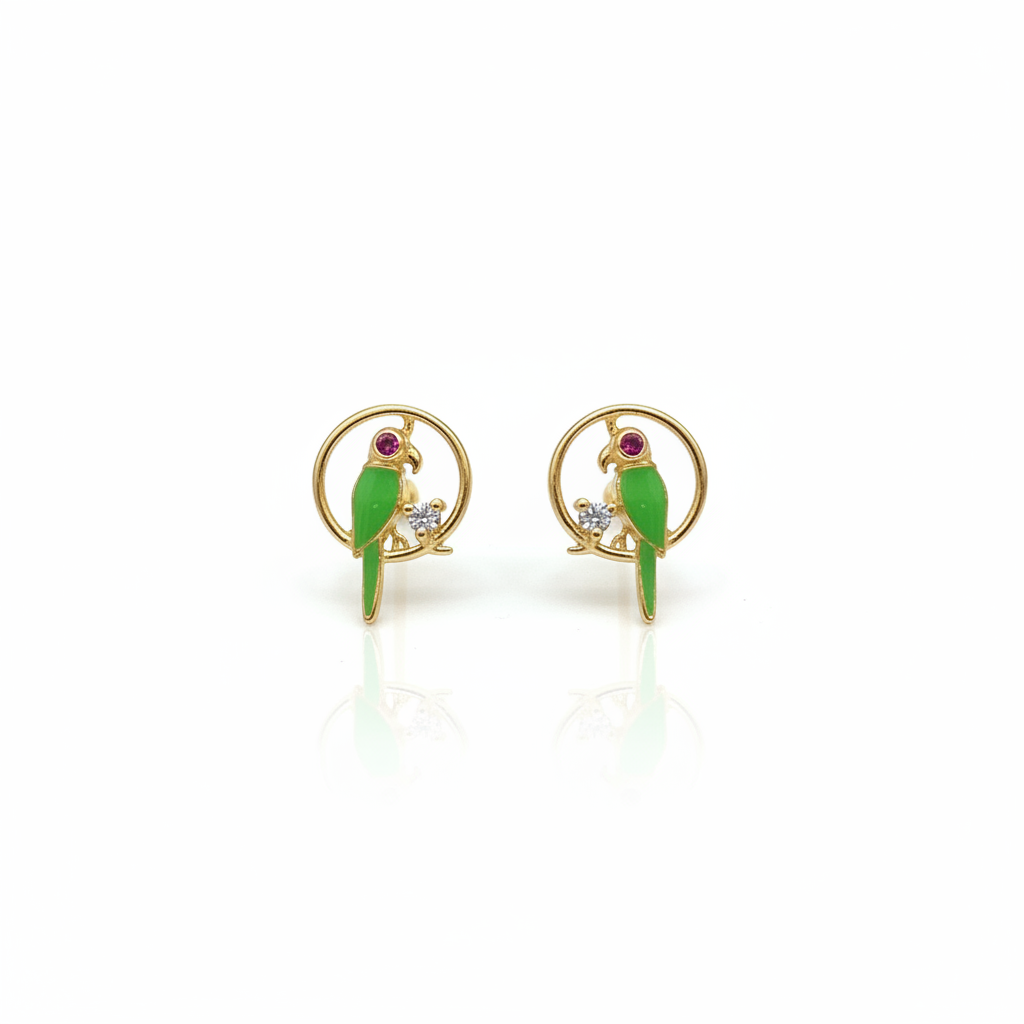 Gold Plated 92.5 Sterling Silver Green Enamel Parrot Stud Earrings for Women | CZ & Ruby Pink CZ Parrot in Circle Frame