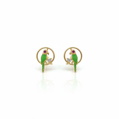 Gold Plated 92.5 Sterling Silver Green Enamel Parrot Stud Earrings for Women | CZ & Ruby Pink CZ Parrot in Circle Frame