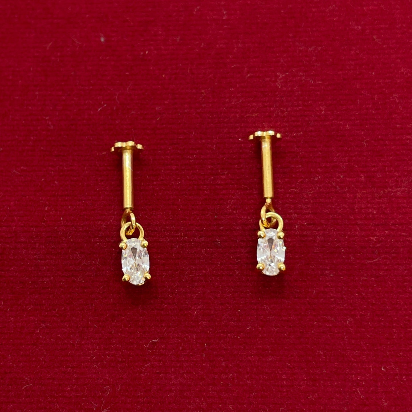 92.5 Silver Gold-Plated Bugadi for Women | White Oval CZ Dangle on Bar Stud | Helix Earring pair