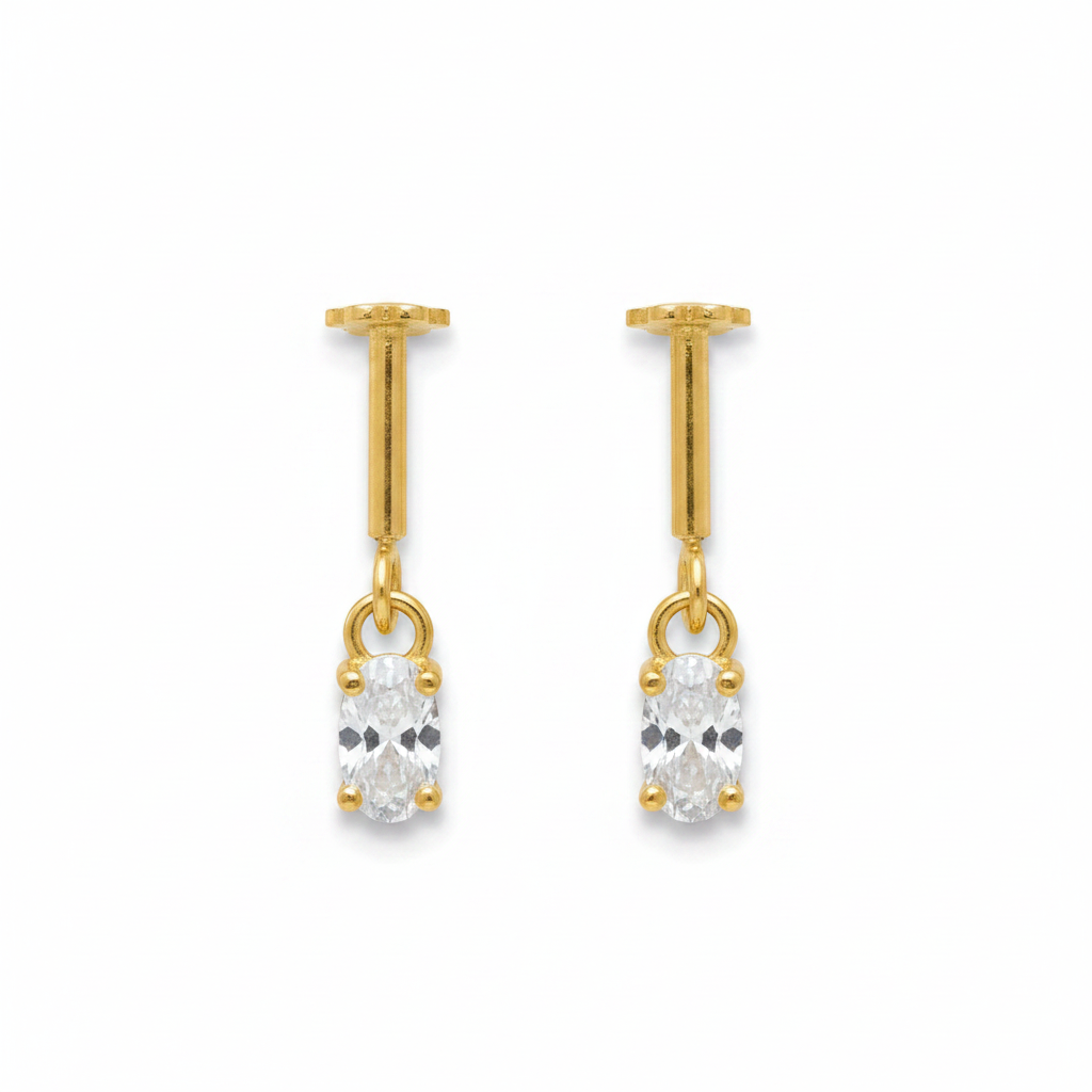 92.5 Silver Gold-Plated Bugadi for Women | White Oval CZ Dangle on Bar Stud | Helix Earring pair