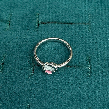 92.5 Sterling Silver White & Pink Enamel Kitty Cat Charm Kids Finger Ring — Size 4