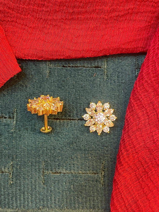 92.5 silver gold plated classy white stone flower earrings