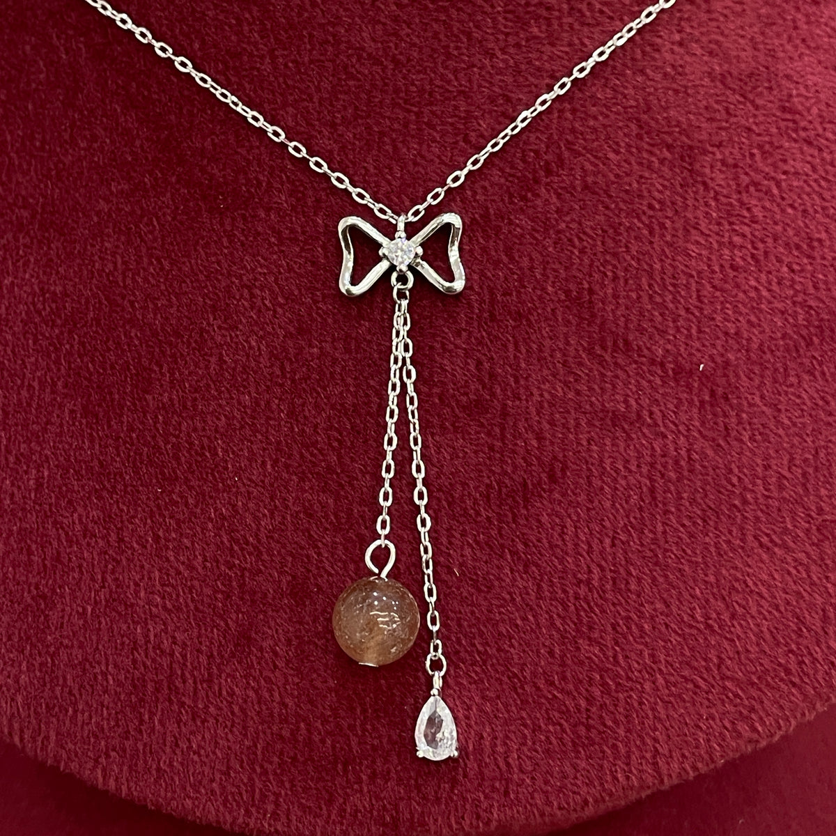 92.5 Silver CZ Bow & Brown Bead Necklace for Women