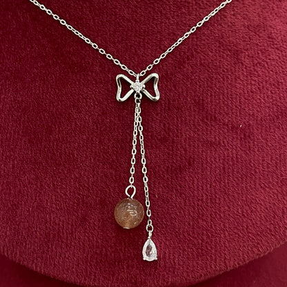 92.5 Silver CZ Bow & Brown Bead Necklace for Women