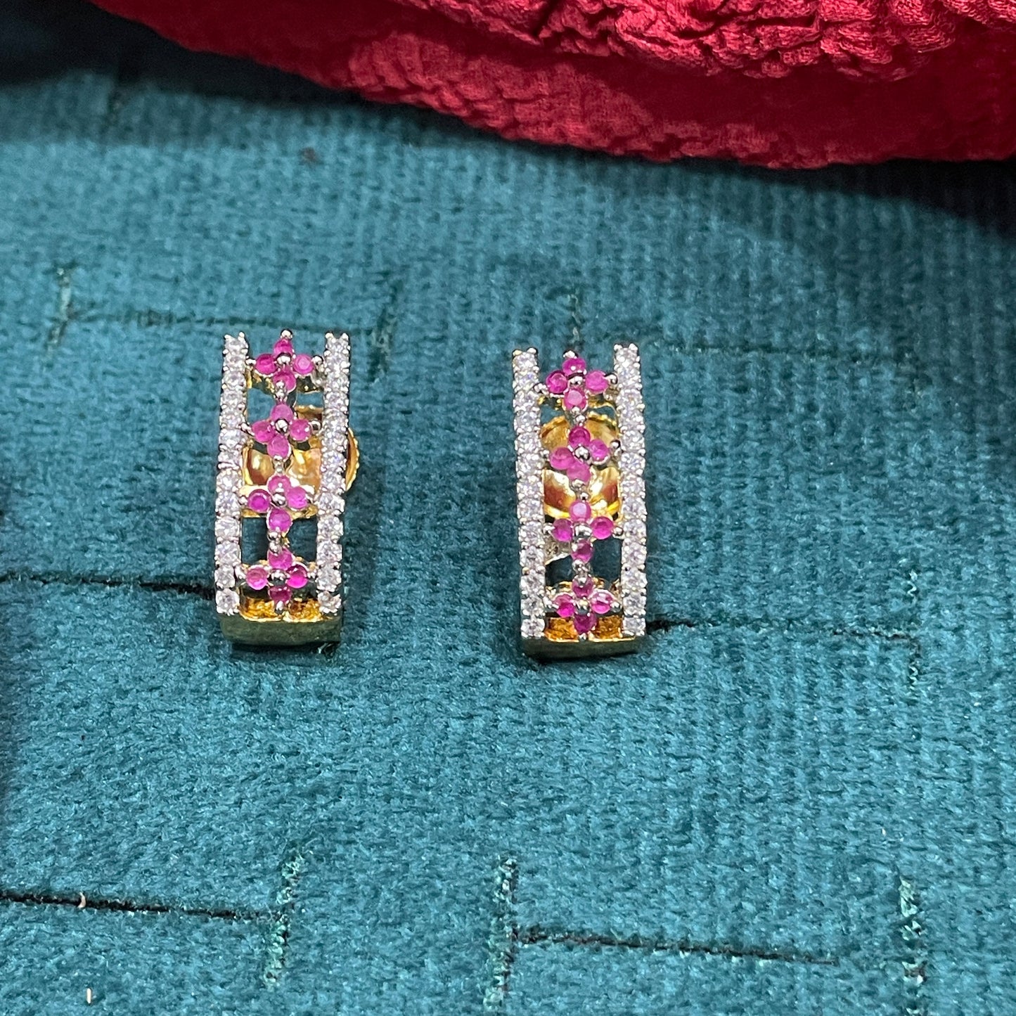92.5 Silver Gold Plated Ruby Pink CZ & White CZ Floral J Studs