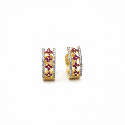 92.5 Silver Gold Plated Ruby Pink CZ & White CZ Floral J Studs