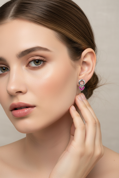 92.5 Silver Pink Heart Earrings for Women | Stylish Love Design | Cute Elegant Jewellery
