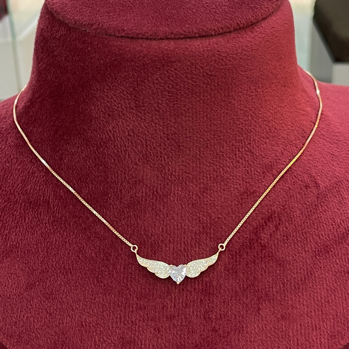 92.5 Silver Rose Gold Plated Pave CZ Angel Wings & Heart Pendant Necklace for Women