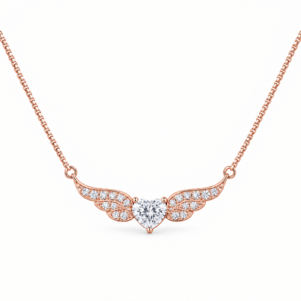 92.5 Silver Rose Gold Plated Pave CZ Angel Wings & Heart Pendant Necklace for Women