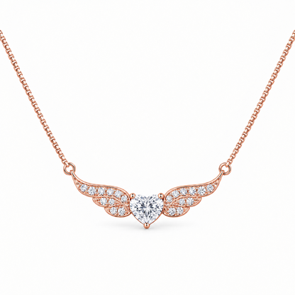 92.5 Silver Rose Gold Plated Pave CZ Angel Wings & Heart Pendant Necklace for Women