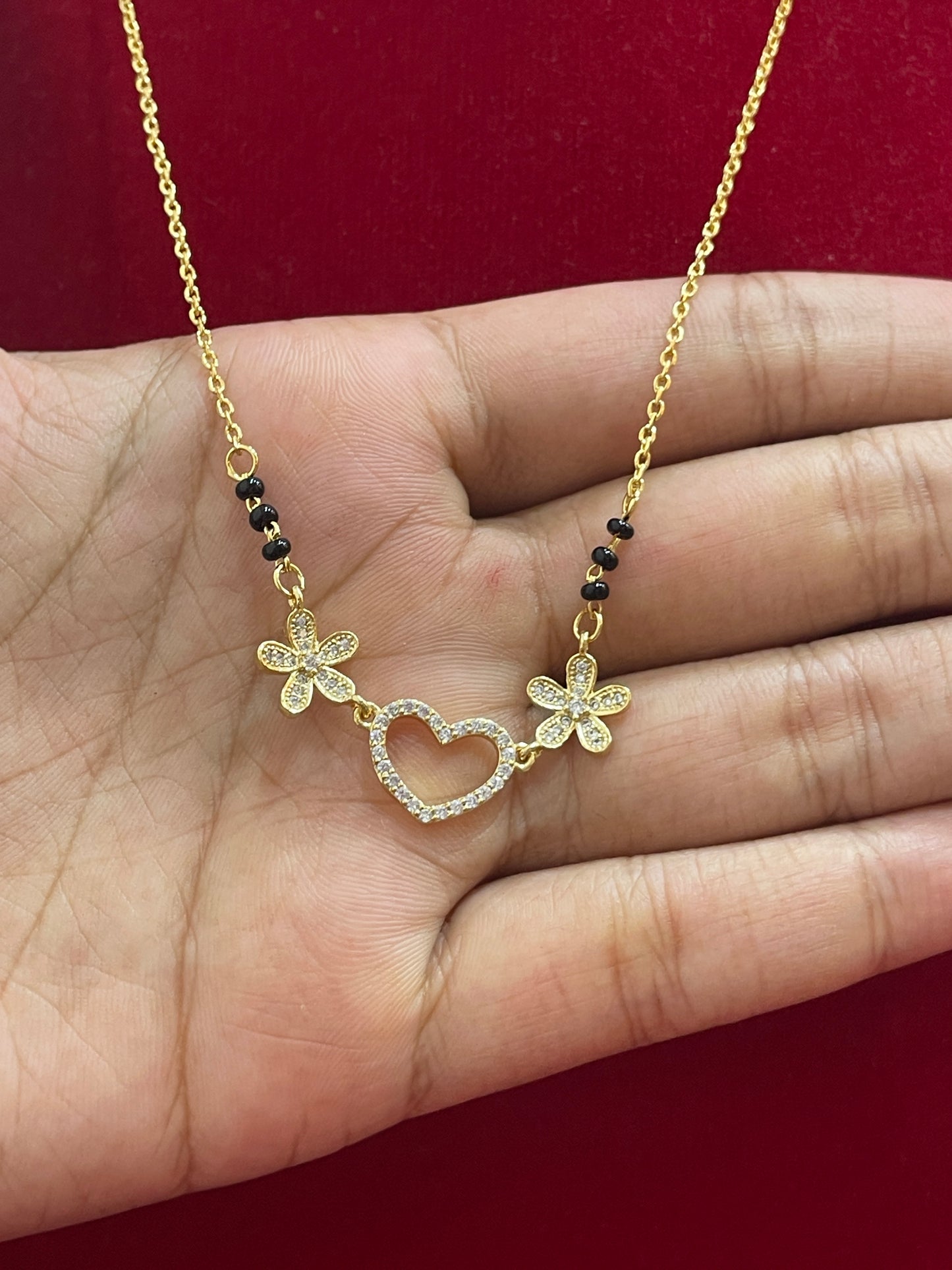 92.5 Silver Gold Plated Heart Black Bead Chain for Women 18.5 Inches | Stylish Love Design | Elegant Jewellery