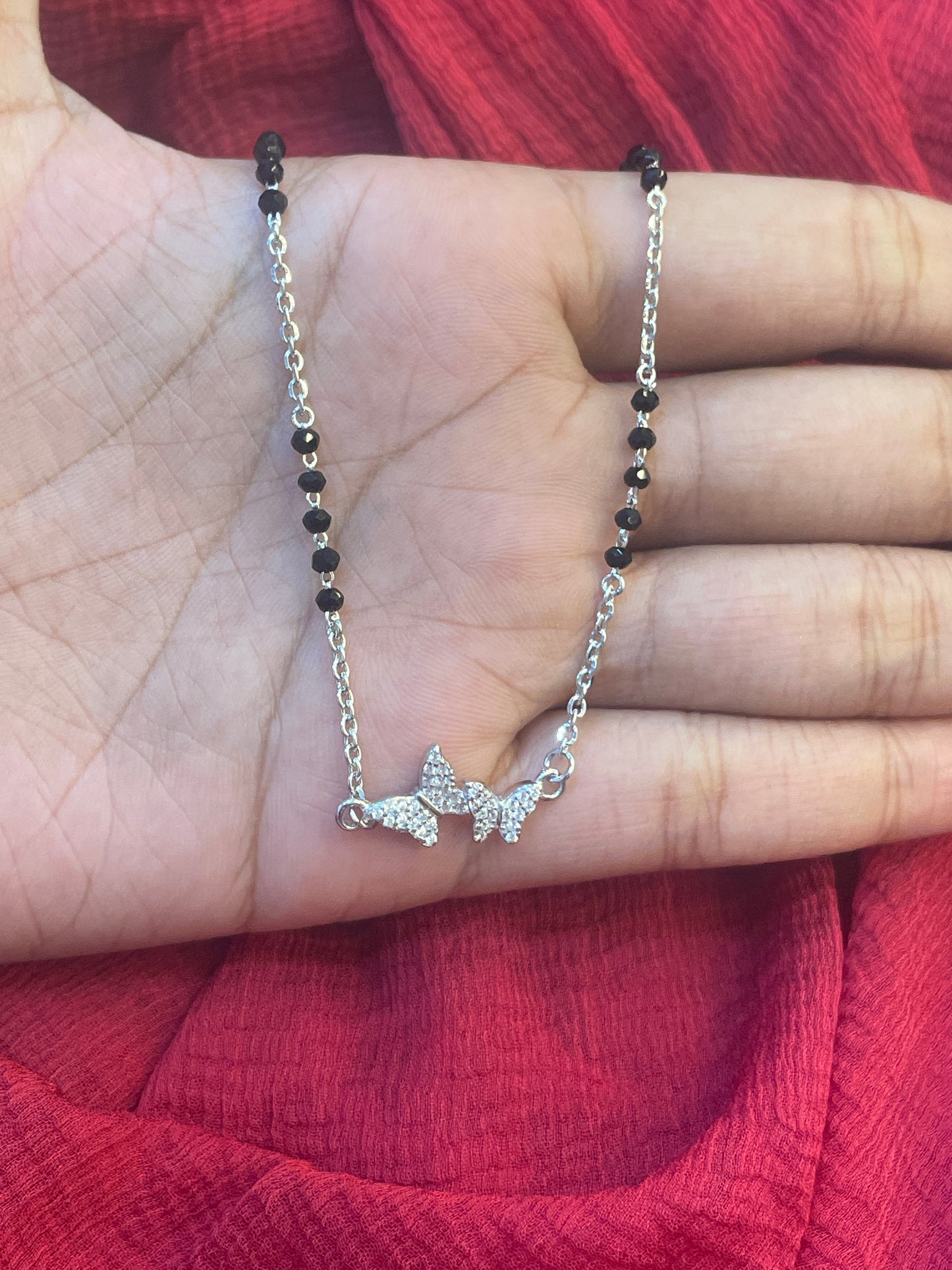 92.5 Silver Minimal Butterfly Black Bead Chain for Women 18.5 Inches | Stylish Nature-Inspired Design | Elegant Jewellery