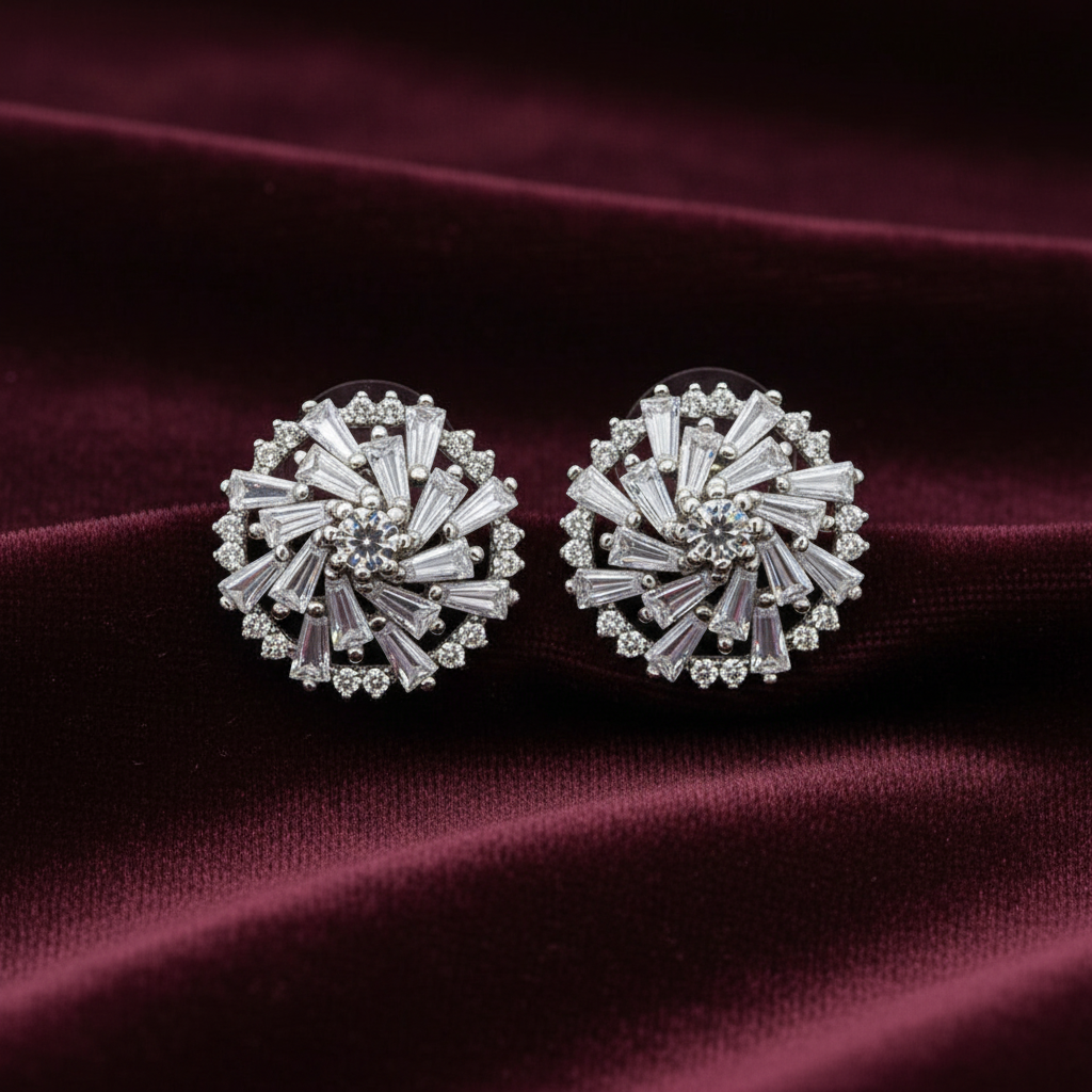 92.5 Silver Round White Stone Earrings | Classic Elegant Design | Jewellery