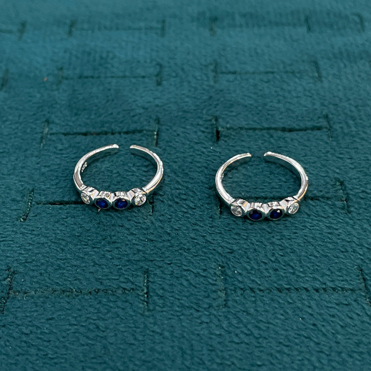 92.5 Sterling Silver Sapphire Blue & White CZ Four Stone Bezel Open Toe Rings for Women — Pair