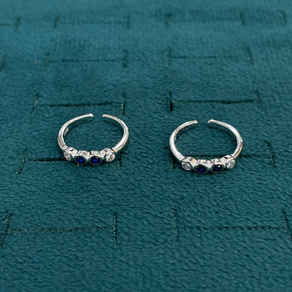 92.5 Sterling Silver Sapphire Blue & White CZ Four Stone Bezel Open Toe Rings for Women — Pair