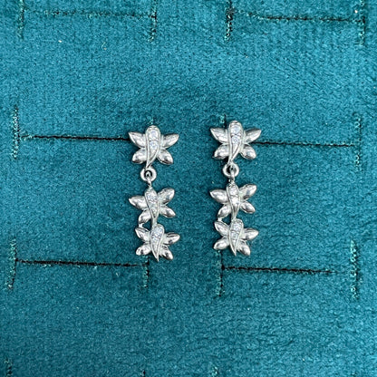 92.5 Sterling Silver CZ Leaf Spray Drop Earrings for Women pair