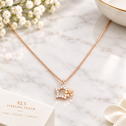 92.5 Silver Rose Gold Plated CZ Star & Flower Charm Pendant Necklace for Women
