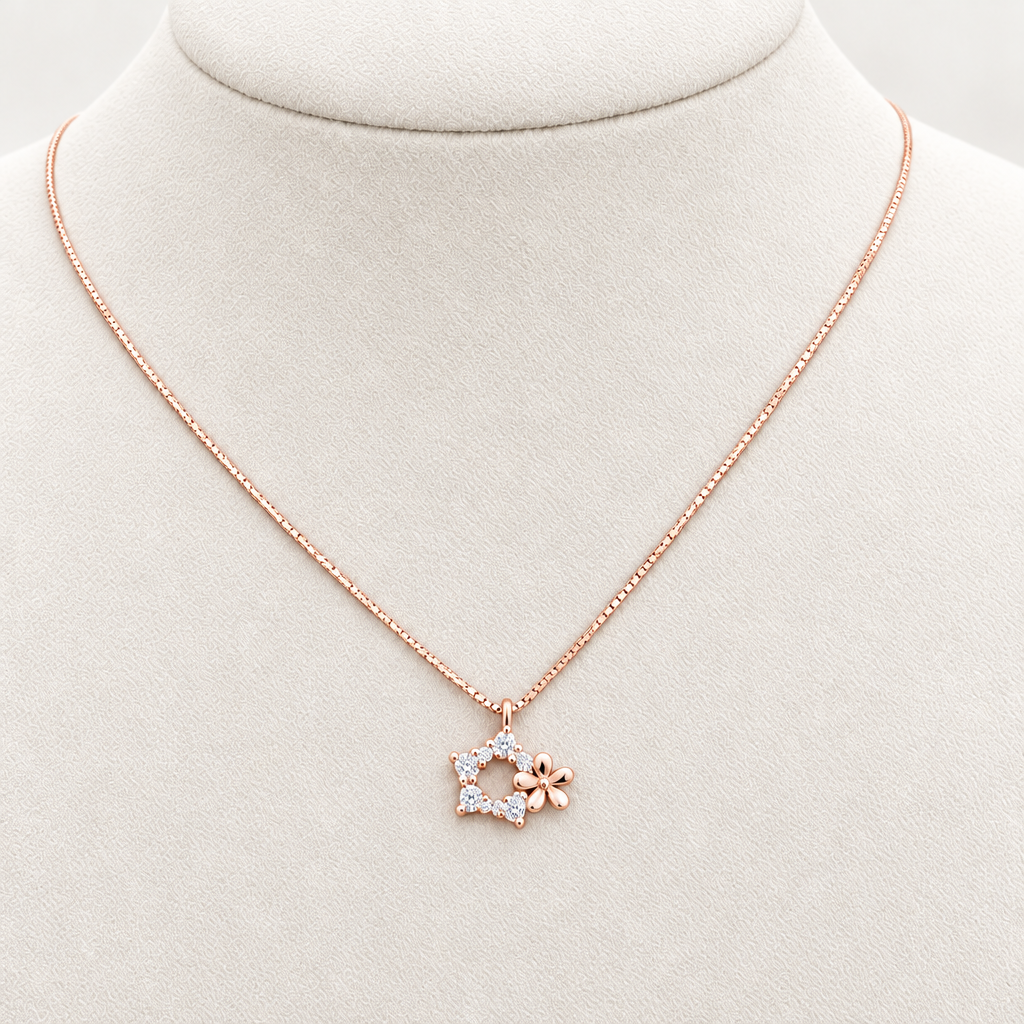 92.5 Silver Rose Gold Plated CZ Star & Flower Charm Pendant Necklace for Women
