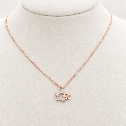 92.5 Silver Rose Gold Plated CZ Star & Flower Charm Pendant Necklace for Women