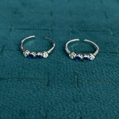 92.5 Sterling Silver Sapphire Blue & White CZ Four Stone Bezel Open Toe Rings for Women — Pair