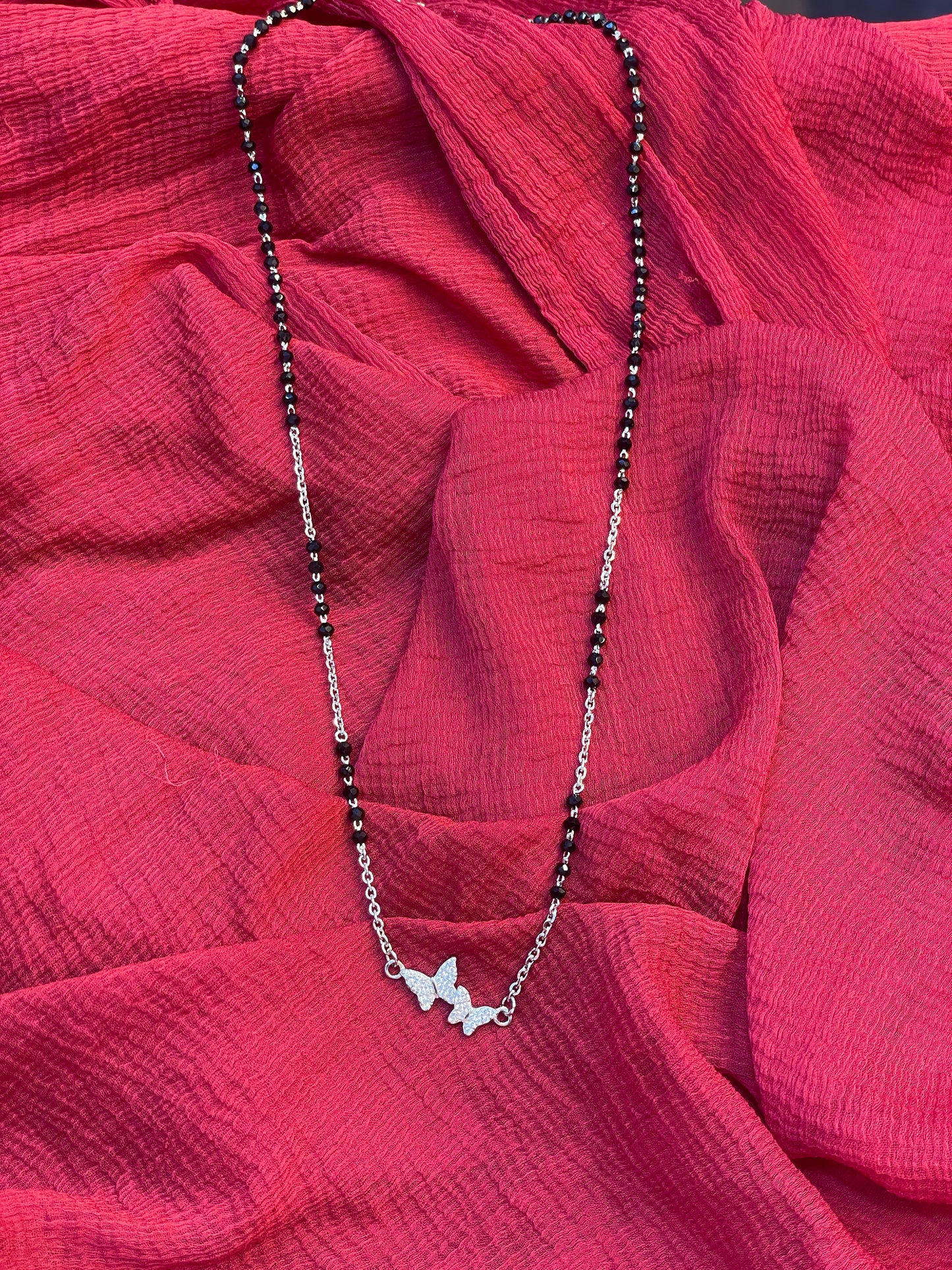 92.5 Silver Minimal Butterfly Black Bead Chain for Women 18.5 Inches | Stylish Nature-Inspired Design | Elegant Jewellery